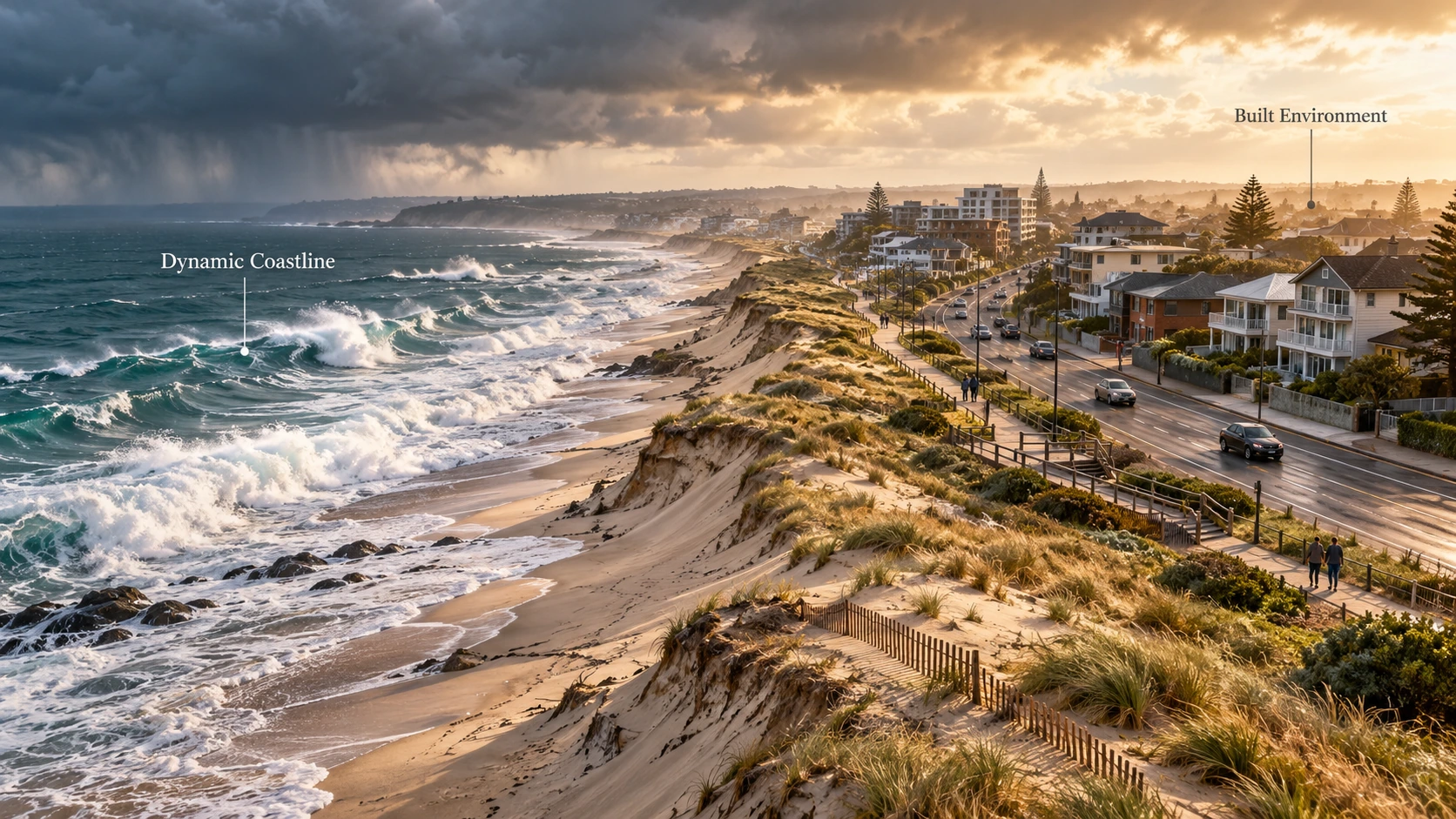 Illustrated storm impacts on dunes and coastal development